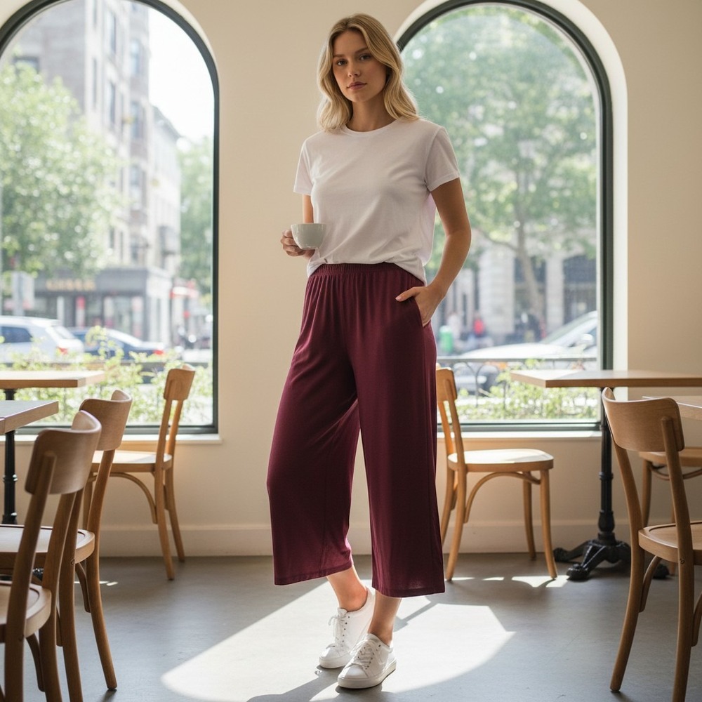 Bryn Walker Maroon Wide Leg Cropped Pants Small Modal Blend Culottes Made in USA
